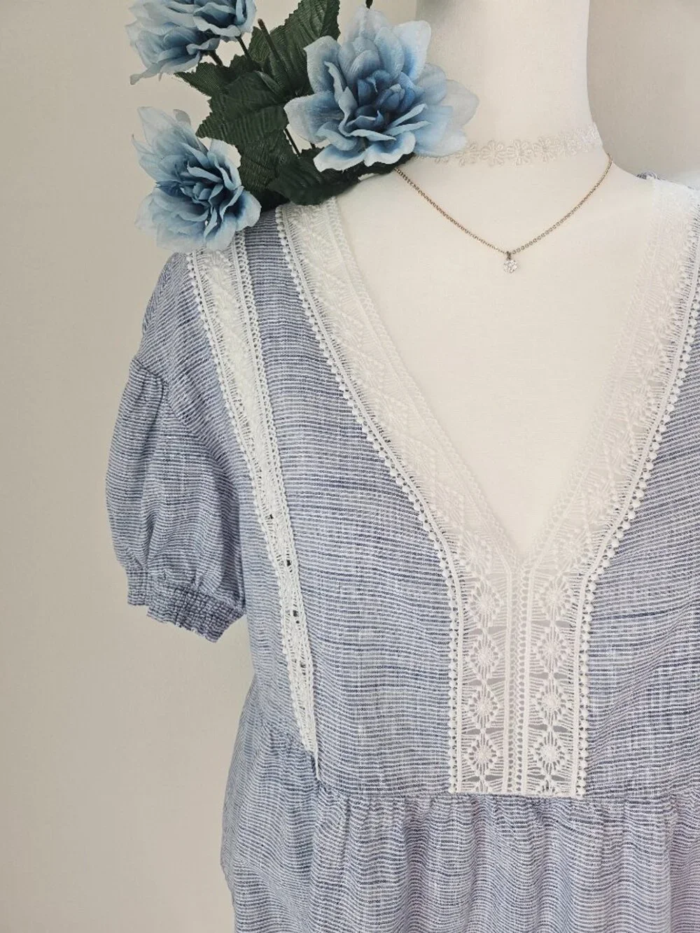 Zara Boho Lace Trim V-Neck Puff Sleeve Blouse Blue - Size L